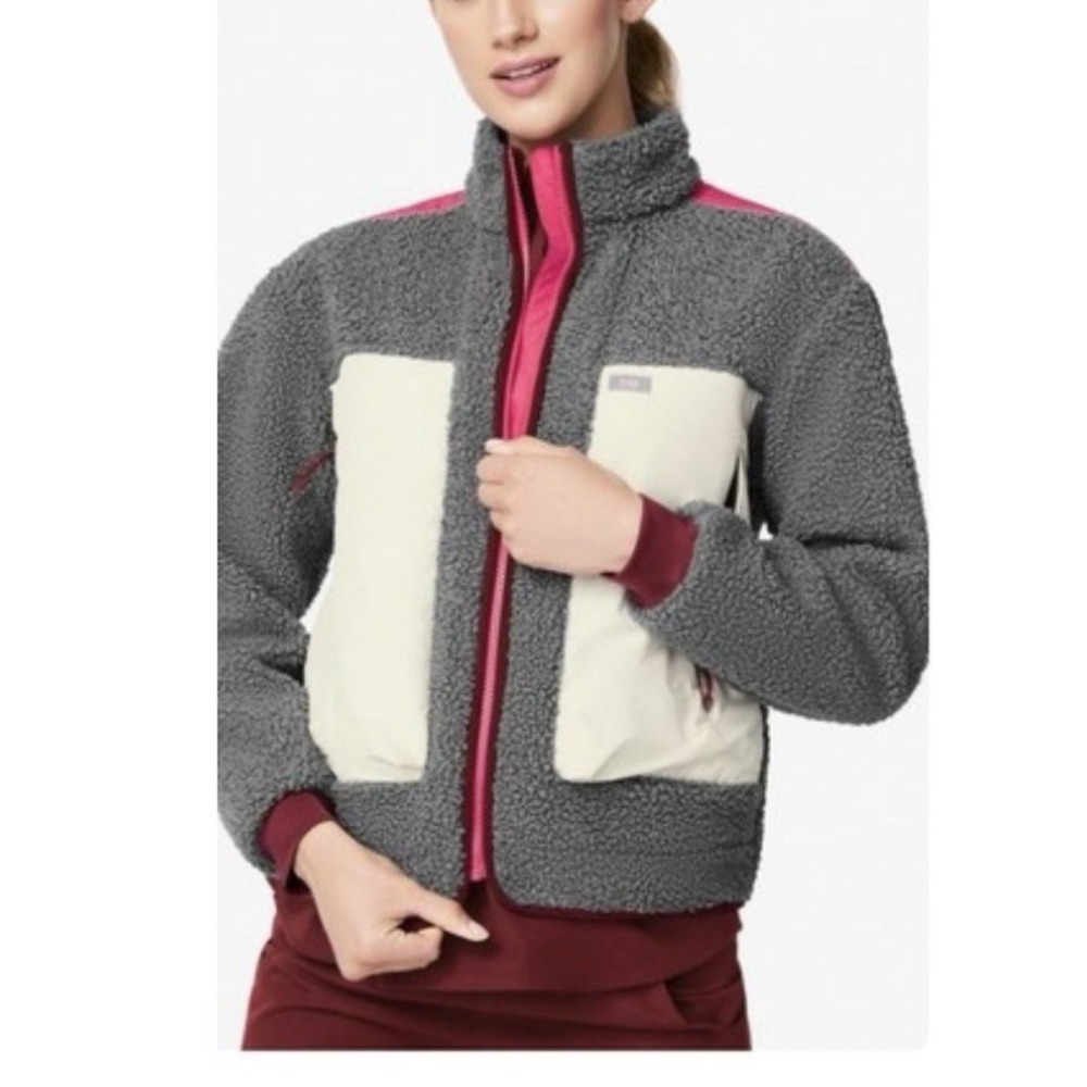 Figs Gray Sherpa Jacket with Cream Pockets and Pink Trim